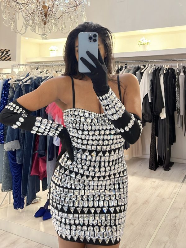 ABITO BANDAGE  CON STRASS E GUANTI